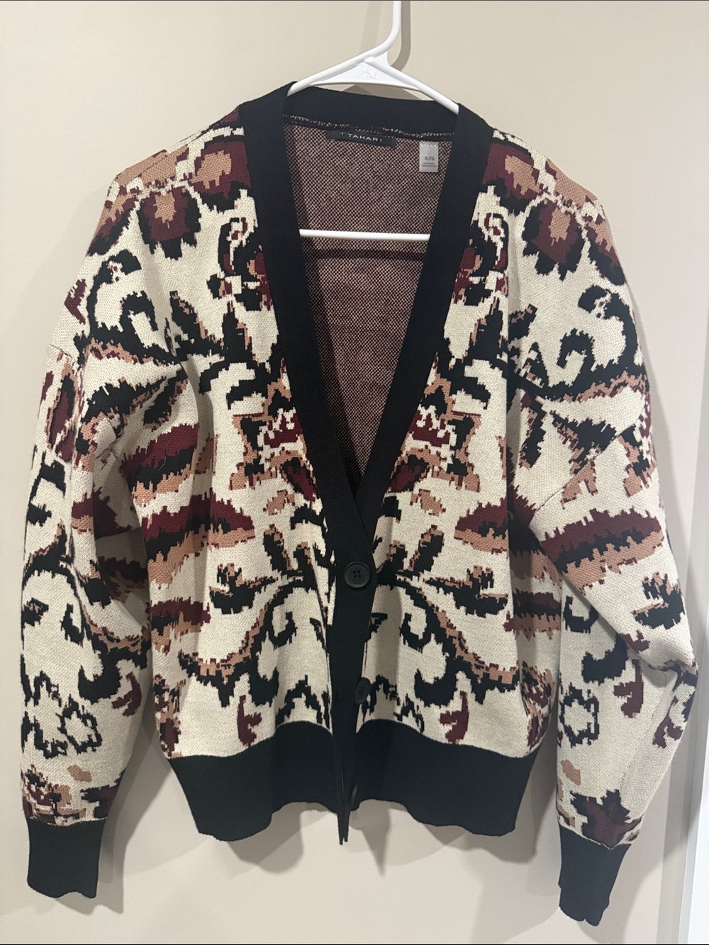 T Tahari Cream, Black & Brown Patterned Button-Front Cardigan